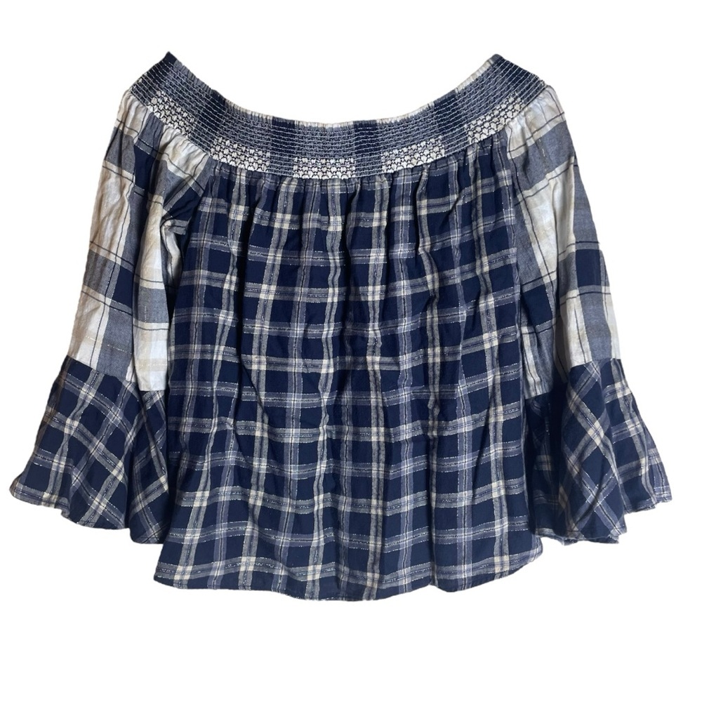 Ann Taylor Loft Bell Sleeve Off the Shoulder Navy Cream Plaid Metallic Top XS